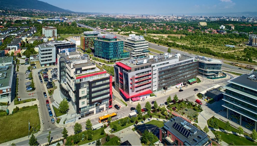 Aerial view of Matrix Tower street block with main road and surrounding buildings