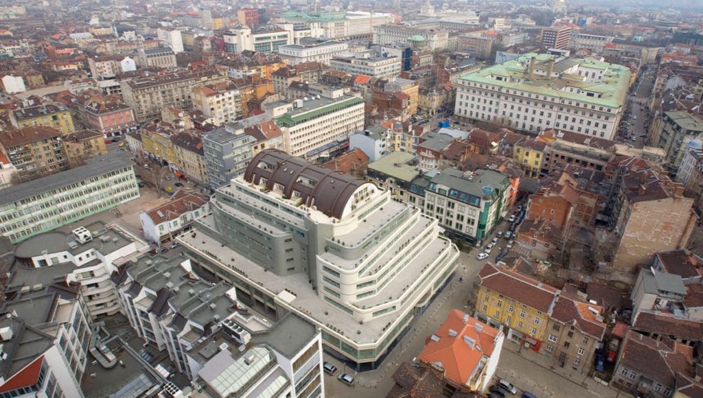 Aerial view of Perform Business Center and near buildings in the Sofia center