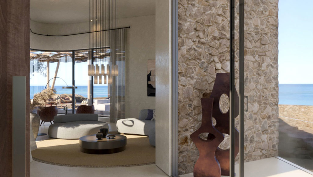 Petrothalassa Villas modern living area and entrance with sea view