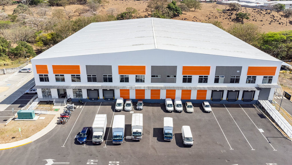 Warehouses at Multiplx Coyol parking lot front aerial view